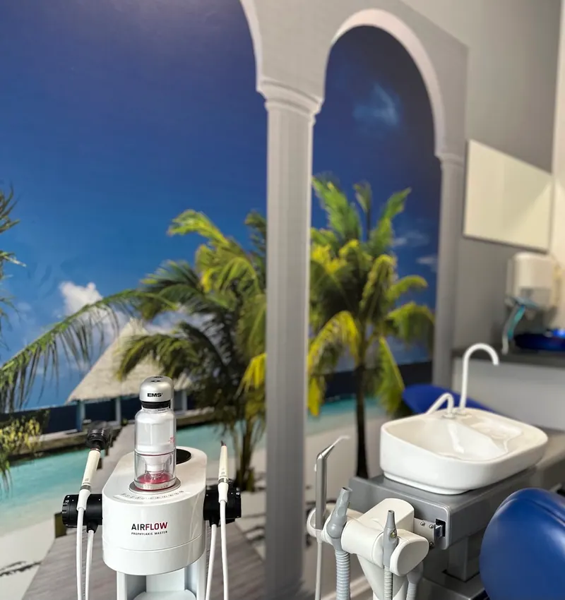 Behandlungszimmer mit Wandbild einer Palmenlandschaft